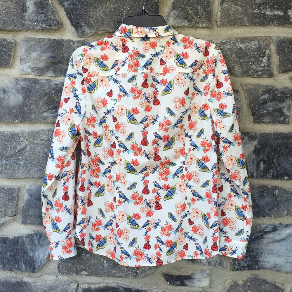 Talbots Floral Bird Print Button Up Blouse Long Sleeve Size PL - Picture 7 of 7